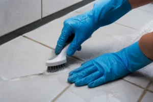 Main de personne portant des gants pour blanchir joints de carrelage avec une brosse.
