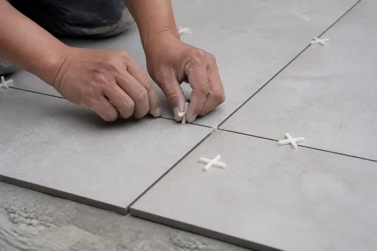 Pose à blanc de carreaux avec des croisillons pour le calepinage carrelage