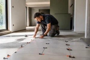 artisan planifiant la pose avec un calepinage carrelage précis sur le sol d'une pièce moderne