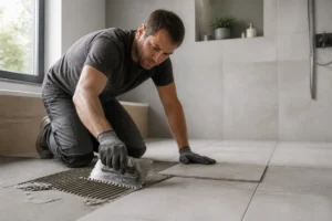 Pose soignée de carrelage au sol salle de bain antidérapant par un artisan qualifié
