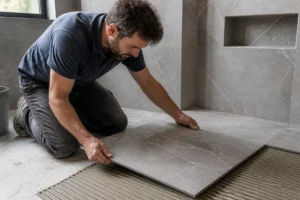 Installation d'un carrelage effet pierre par un artisan dans une salle de bain moderne.