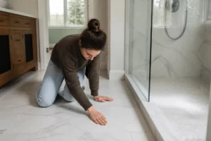 Pose et vérification de la finition antidérapante d'un carrelage marbre blanc dans une salle de bain moderne