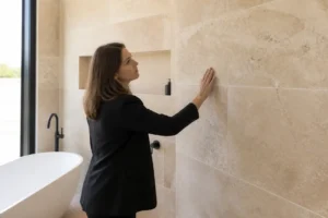 Pose soignée de carrelage travertin salle de bain avec des dalles en pierre naturelle beige