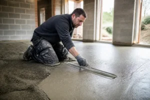 Un artisan étale soigneusement une chape en mortier sur le sol d'un chantier de rénovation