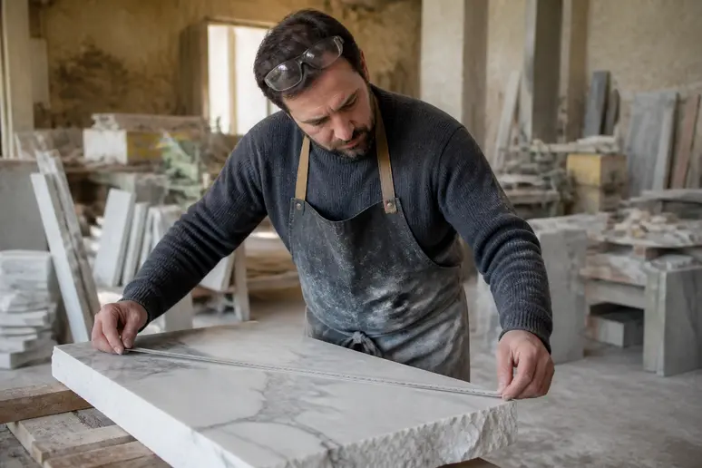 Artisan marbrier préparant des chutes de marbre pour la découpe sur mesure.