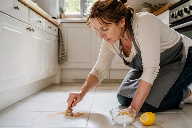 Femme appliquant une pâte de bicarbonate et citron pour comment enlever de la rouille sur du carrelage.