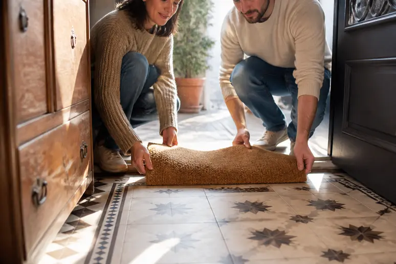 Couple plaçant un tapis absorbant pour comment enlever de la rouille sur du carrelage à l'avenir.