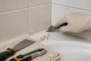 Comment enlever du silicone sur du carrelage : geste précis de retrait avec une spatule.