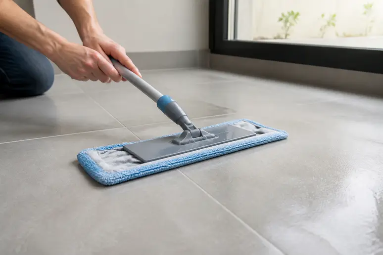 Passage d'une serpillière bien essorée sur un carrelage mat pour un nettoyage sans traces.