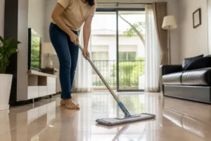 Une personne nettoie un sol carrelé lumineux pour savoir comment faire briller un carrelage sans traces.