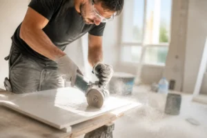 Artisan utilisant une meuleuse d'angle pour couper carrelage proprement dans un atelier lumineux.