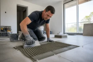 Un artisan carreleur pose des carreaux au sol lors de la réalisation d un devis carrelage dans un appartement en rénovation.