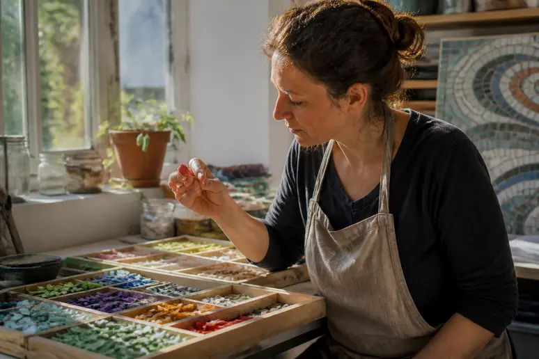 Artisane sélectionnant des émaux de Briare colorés dans son atelier lumineux.
