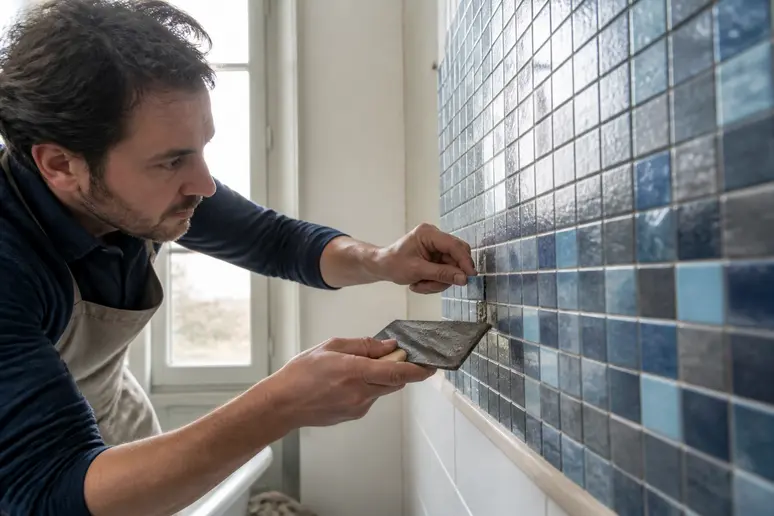 Artisan français posant des émaux de Briare prix au m2 sur un mur de salle de bain.