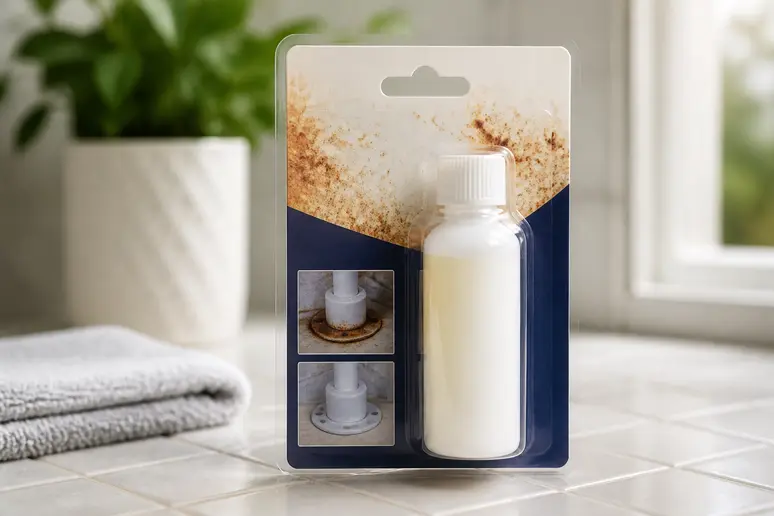 Produit professionnel pour enlever tache de rouille sur carrelage, en flacon sur une surface carrelée.