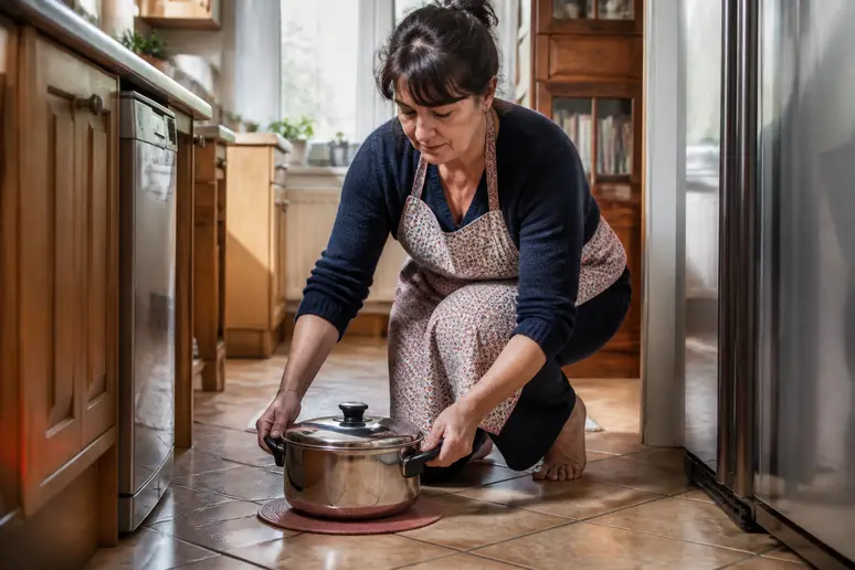 Femme plaçant un objet métallique sur un dessous de plat pour prévenir une tache de rouille sur carrelage.