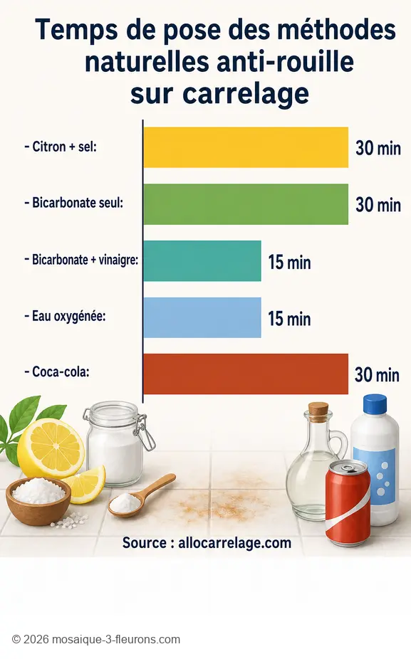 Comparatif des temps de pose pour enlever une tache de rouille sur carrelage avec des méthodes naturelles.