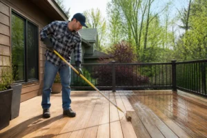 Un homme applique du saturateur avec un rouleau lors d'un entretien terrasse en bois en extérieur