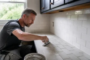 Un artisan applique soigneusement de nouveaux joints de carrelage dans une cuisine moderne, travail méticuleux.