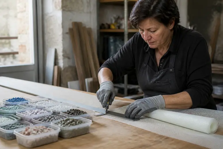 Une femme découpe avec soin un filet pour mosaïque sur son établi, préparant son œuvre.