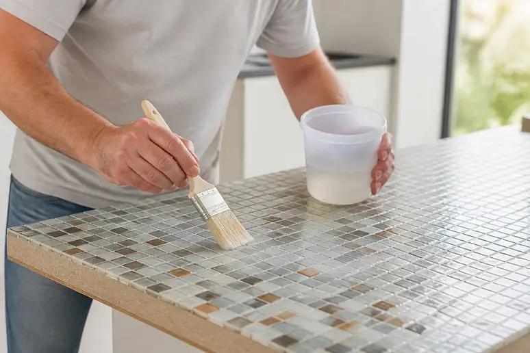 Application d'un hydrofuge sur une mosaïque en cours de finition pour un filet pour mosaïque durable.