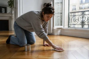 Personne appliquant une huile entretien parquet sur un sol en bois clair dans un salon lumineux