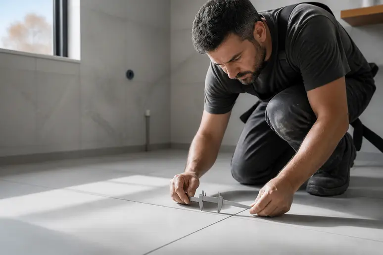Mesure précise de la largeur du joint de carrelage avec un pied à coulisse par un professionnel.