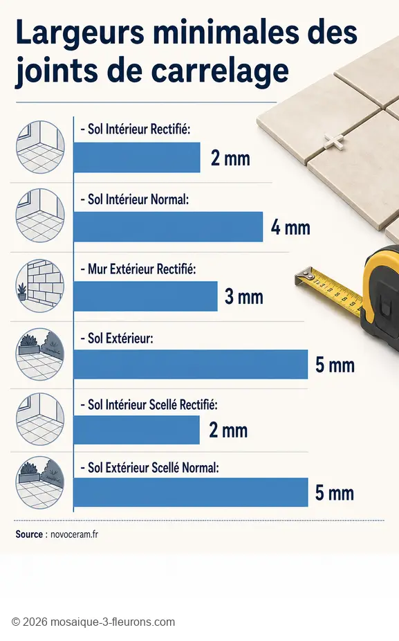 Tableau comparatif des largeurs minimales de joint de carrelage selon la pose et le type de carrelage.