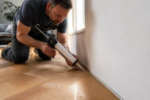 artisan appliquant un mastic pour joint parquet dans l'espace de dilatation d'un sol en bois