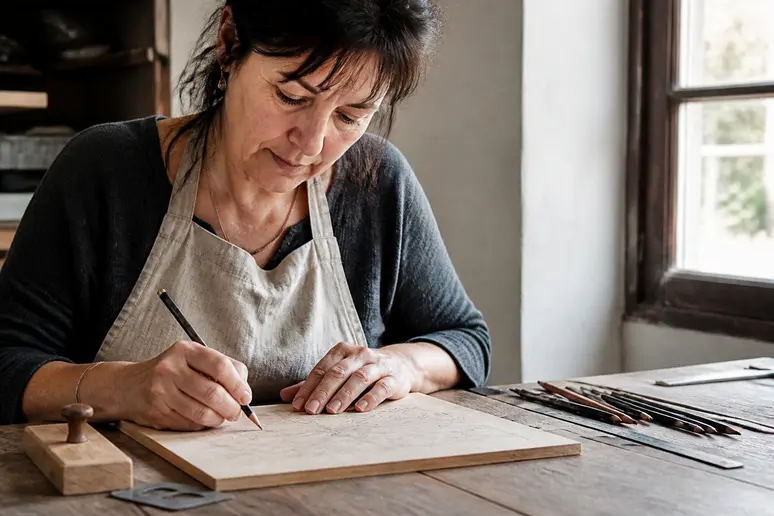 Une femme prépare le dessin de son projet de micro mosaïque sur un support en bois avec attention.