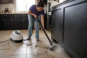 Nettoyage carrelage de cuisine avec un nettoyeur vapeur pour éliminer les taches incrustées