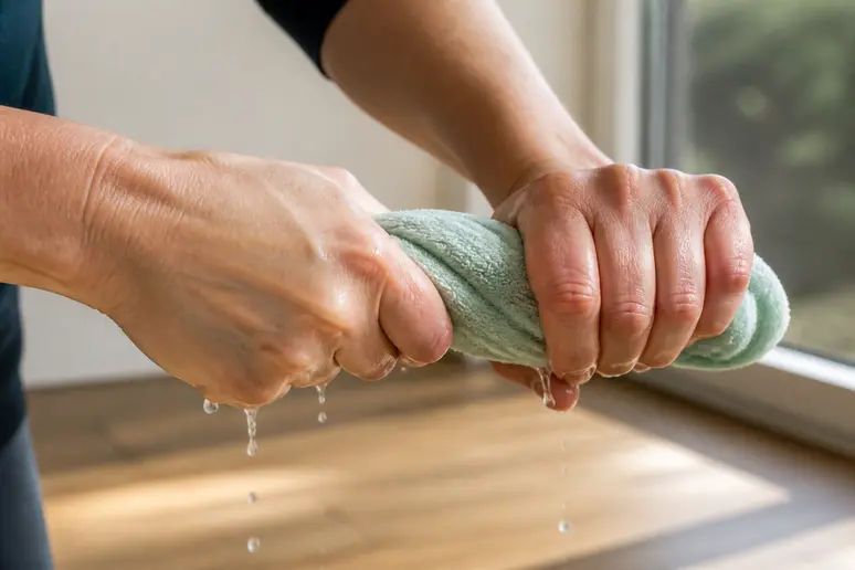 Mains essorant une serpillière microfibre pour le nettoyage des parquets, juste assez humide pour ne pas abîmer le bois.