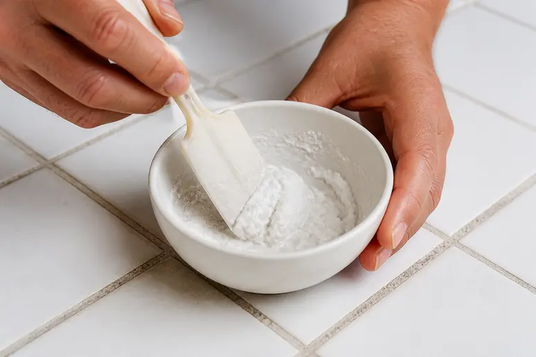 Mains préparant une pâte de bicarbonate de soude et d'eau pour nettoyer les joints de carrelages.