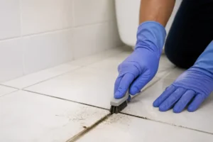 Nettoyer les joints de carrelage blancs avec une brosse et des gants de protection