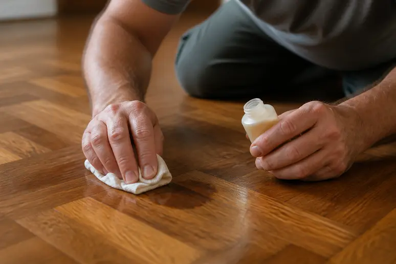 Des mains appliquent un produit ciblé pour traiter une tache tenace sur un parquet en bois.