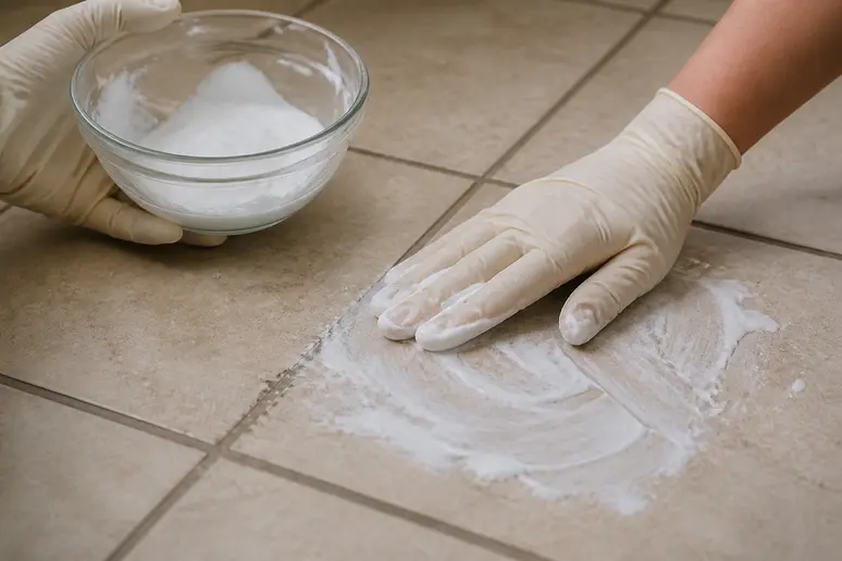 Mains appliquant une pâte de bicarbonate pour nettoyer un carrelage.