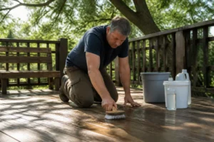 Homme nettoyant une terrasse en bois avec une brosse, sous le soleil.