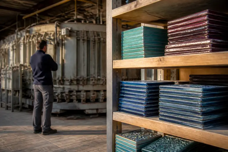 Un stock de nuancier émaux de Briare dans un atelier, avec un four industriel en arrière-plan.