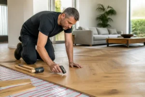 Pose soignée d'un parquet sur plancher chauffant dans un salon lumineux