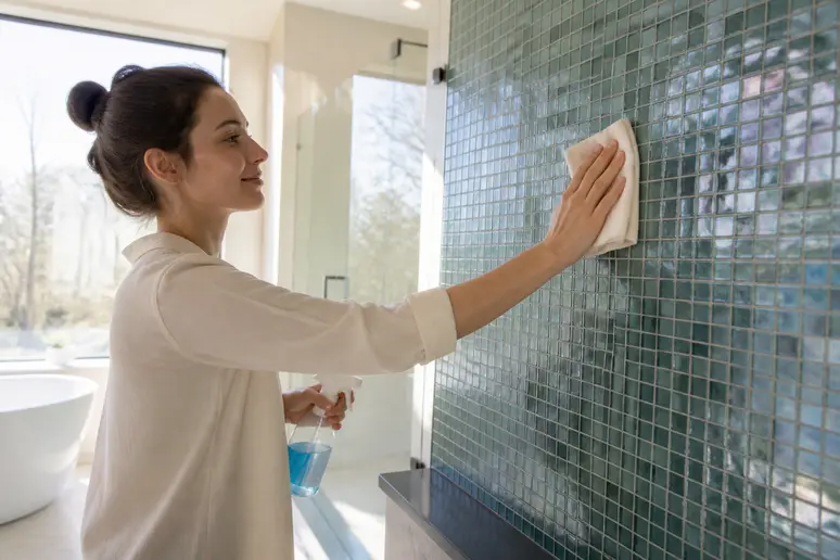 Nettoyage simple d'une paroi de salle de bain en pâte de verre mosaïque, soulignant sa facilité d'entretien.