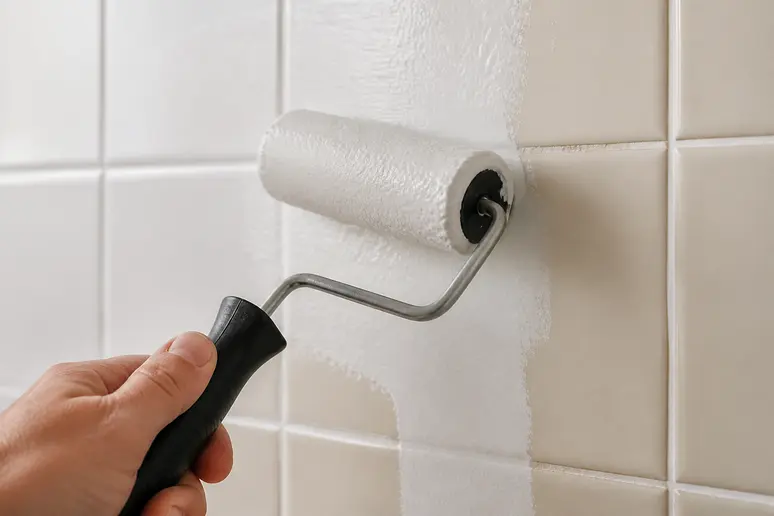 Main appliquant la peinture sur carrelage mural avec un rouleau pour un résultat uniforme.
