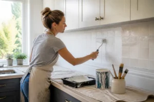Application de peinture blanche sur un carrelage mural de cuisine par une femme, pour peindre du carrelage mural.