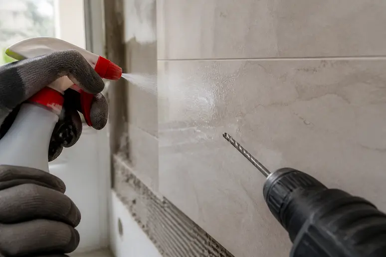 Pulvérisation d'eau pour refroidir un carreau avant de percer, technique pour percer carrelage.