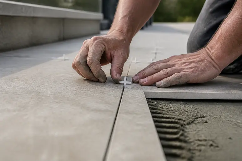 Pose de croisillons entre les dalles pour respecter les largeurs de joints lors de la pose carrelage exterieur