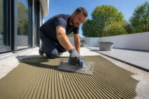 Un artisan applique de la colle pour une pose carrelage exterieur sur une terrasse en béton.