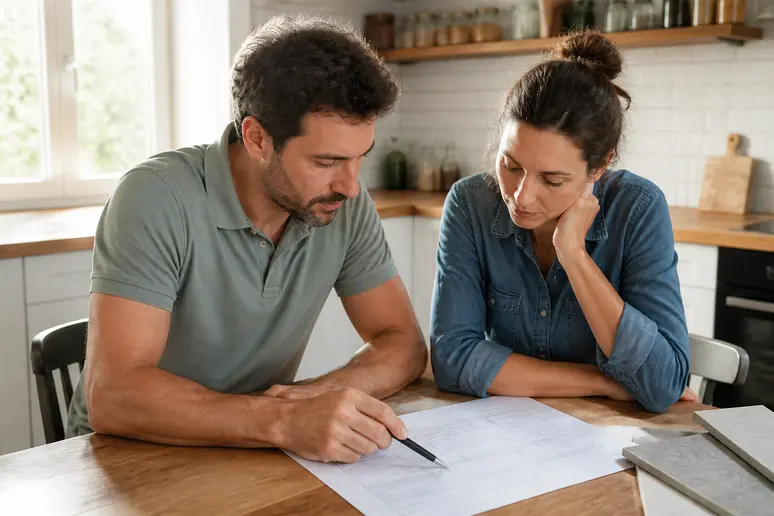 Couple français examine un devis détaillé pour une pose carrelage prix m2