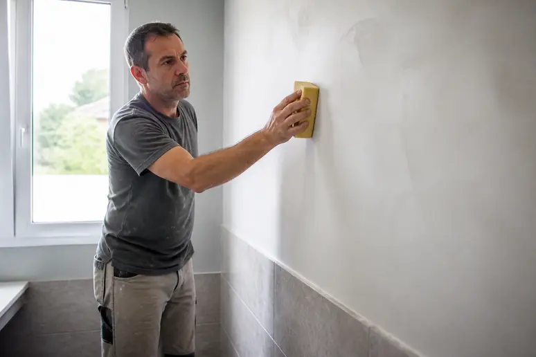 Préparation du support avant de poser un carrelage mural, nettoyage méticuleux d'un mur de salle de bain. L'homme prépare le mur pour poser un carrelage mural.