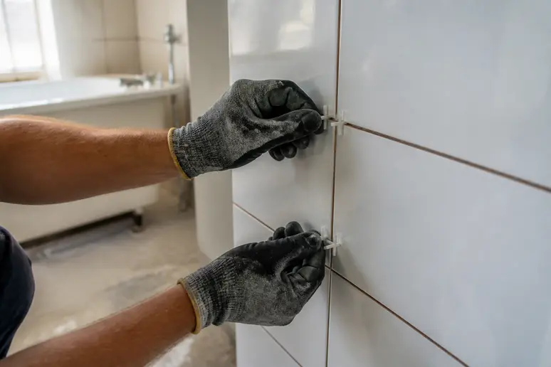 Mise en place des croisillons pour assurer un espacement uniforme lors de la pose d'un carrelage mural.