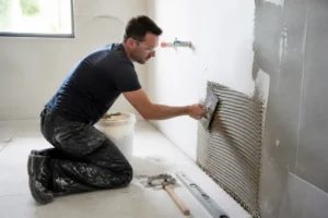 Prix d'une pose de carrelage : un artisan applique la colle sur un mur de salle de bain.