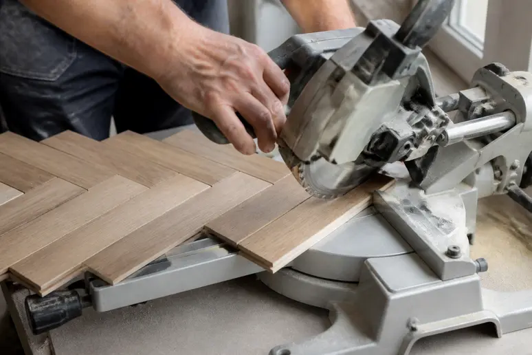 Mains expertes réalisant des coupes précises pour le prix pose parquet flottant au m2 en motif chevrons.